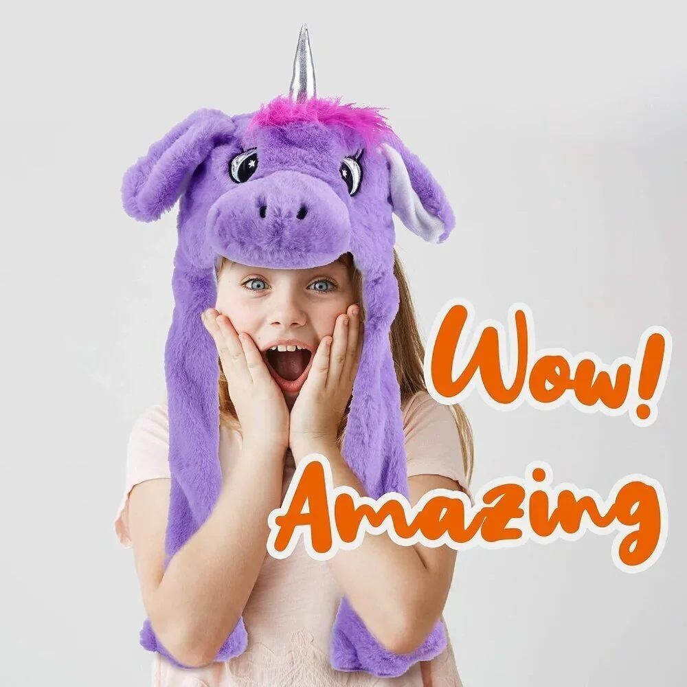 Kids Unicorn pueple Animal Hat with Ears Moving Jumping Pop Up Beating Plush